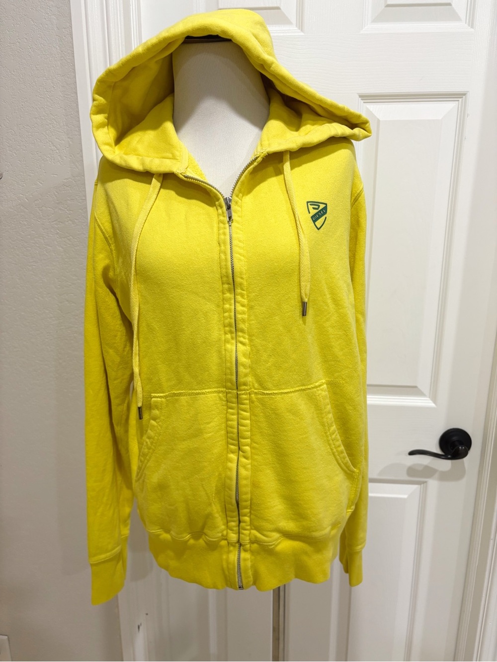 Vintage Diesel Y2K Yellow Full- Zip Hoodie with Green Logo Size Large